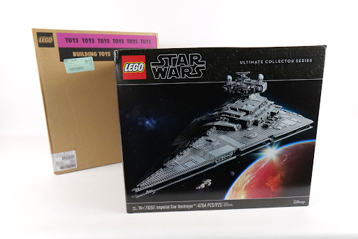 A rare LEGO Star Destroyer set from the movie Star Wars is pictured. It is very valuable.
