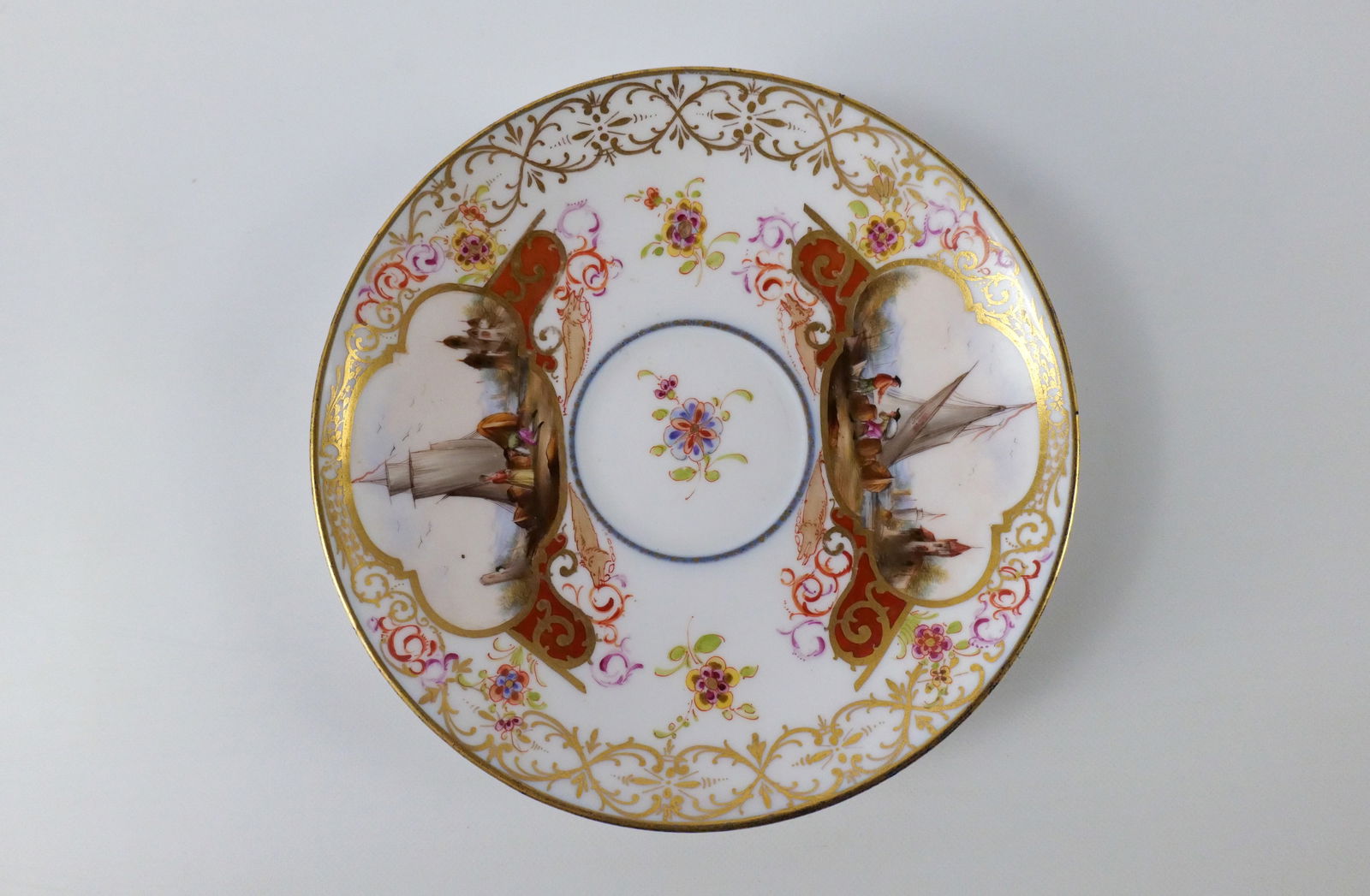 19th Century Meissen Hand Painted Saucer. Has sailboat and harbor scene. Has firing imperfections on rim. Overall good condition. Measures 5.75